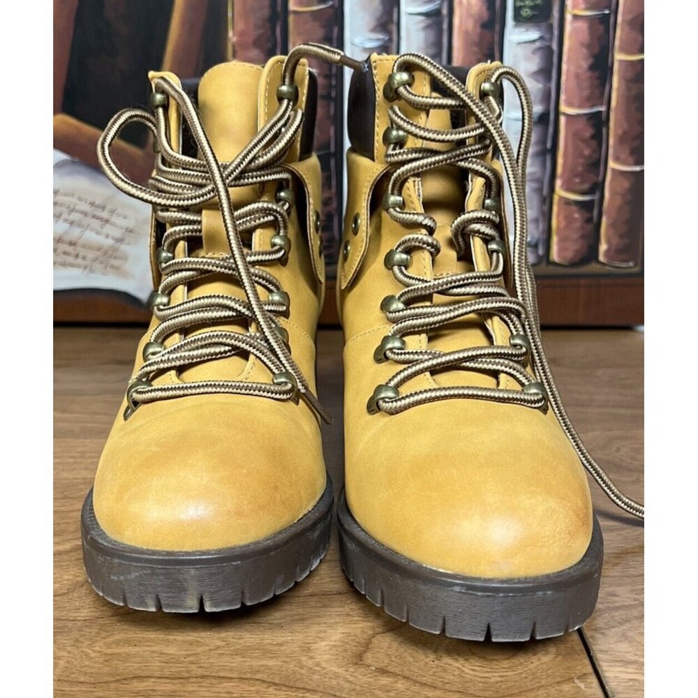Maurice Yellow Hiking-Inspired Lace-Up Ankle Boots Block Heel Size 8 - Picture 2 of 7